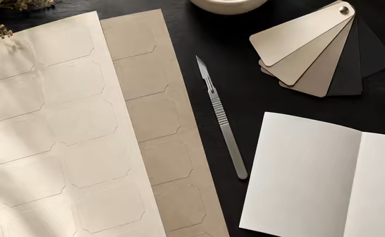 Uncut sheets of die-cut labels and colour chips on a studio desk