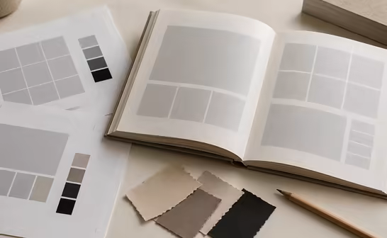 Printed proofs and a guidelines dummy open on an ivory table