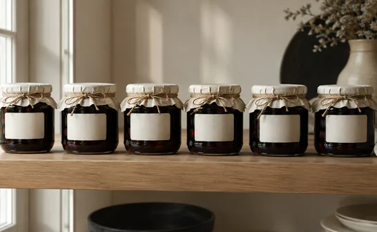 A row of preserve jars with paper labels and waxed cloth lids