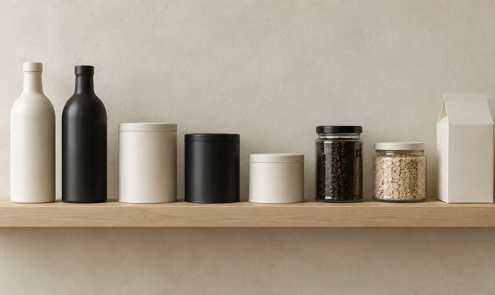 A shelf of finished packaging from four studio projects